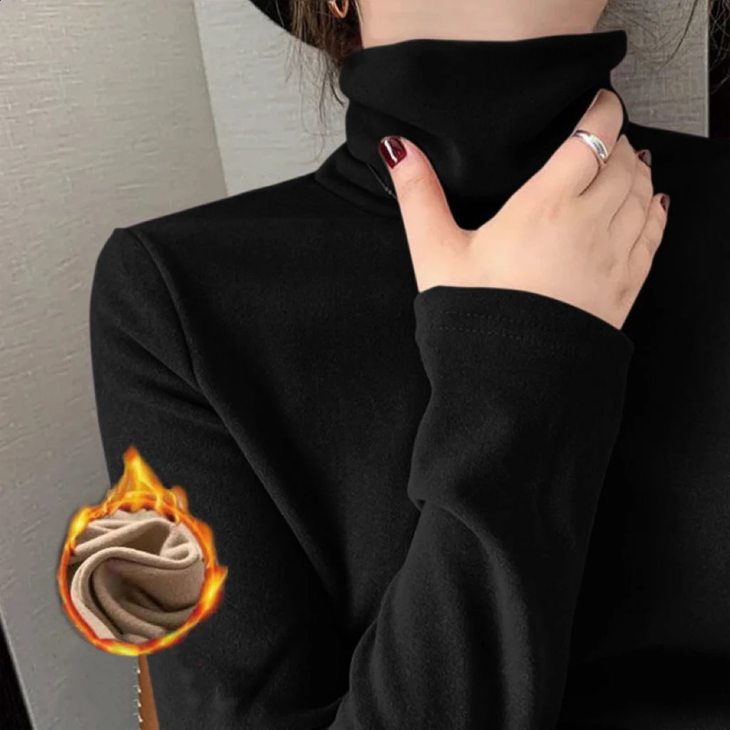 1pcs Women Autumn Winter Thickening Warm Longsleeved Tshirt Pile Collar Thermal Underwear Fashion High Collar Slim Thermal Top 251027