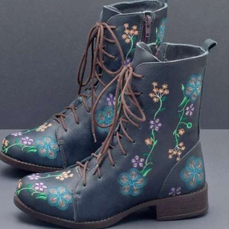 Women's Retro Floral Print Embroidered Ankle Boots - Color-Blocked Square Toe Low Heel With Zipper Closure, Microfiber Cover & Rubber Sole