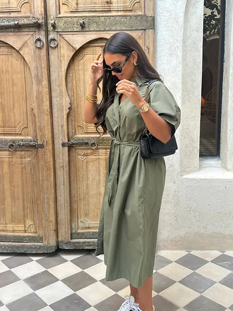 Summer Casual Lapel Shirt Dress Retro Lace Up Short Sleeved Womens Dress Elegant Single Breasted Solid Long Dress 251027