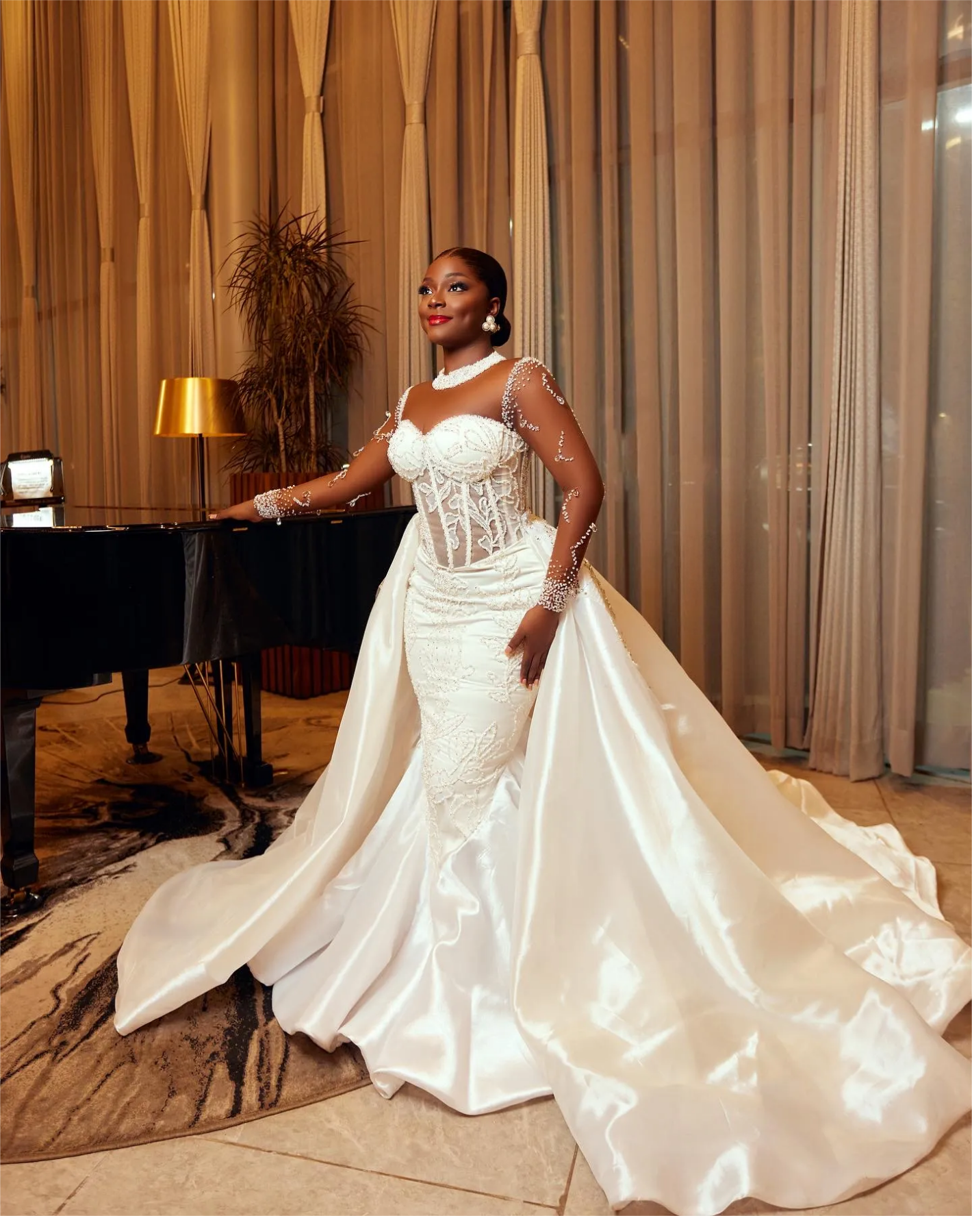 Arabic Aso Ebi Plus Size Mermaid Wedding Dress in Ivory with Lace Beaded Crystals and Detachable Train