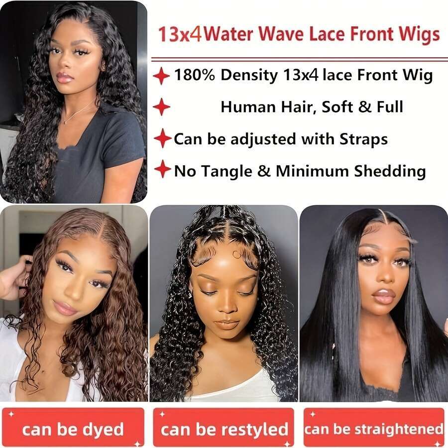 Women's 13X6 HD Transparent Frontal Pre-Plucked Density Water Wave Curly Human Hair Wig With Natural Looking Hairline, Wet Wavy Texture, Breathab