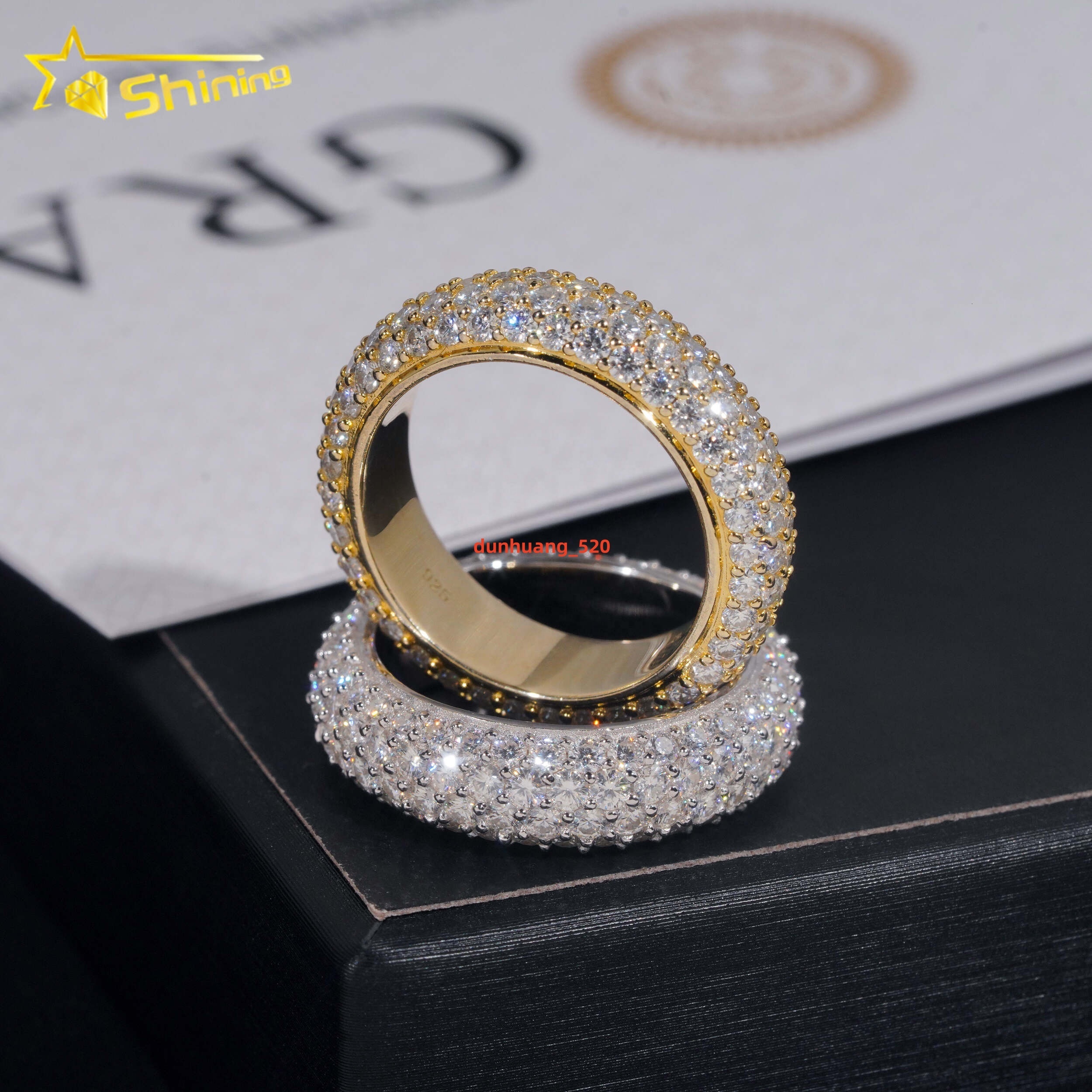 Fine Jewelry Stock GRA Certified Solid 925 Sterling Silver Gold Plated Iced Out Diamond Moissanite Fully Iced 4 Rows Band Ring