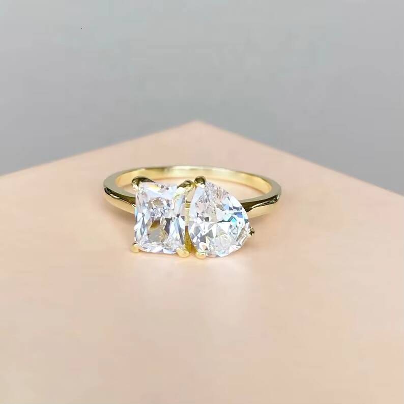 Goldleaf Jewellery 14k Solid Yellow Gold Double Stone Wedding Ring Rectangle Cut Pear Cut D VVS Moissanite Bride Ring Engagement