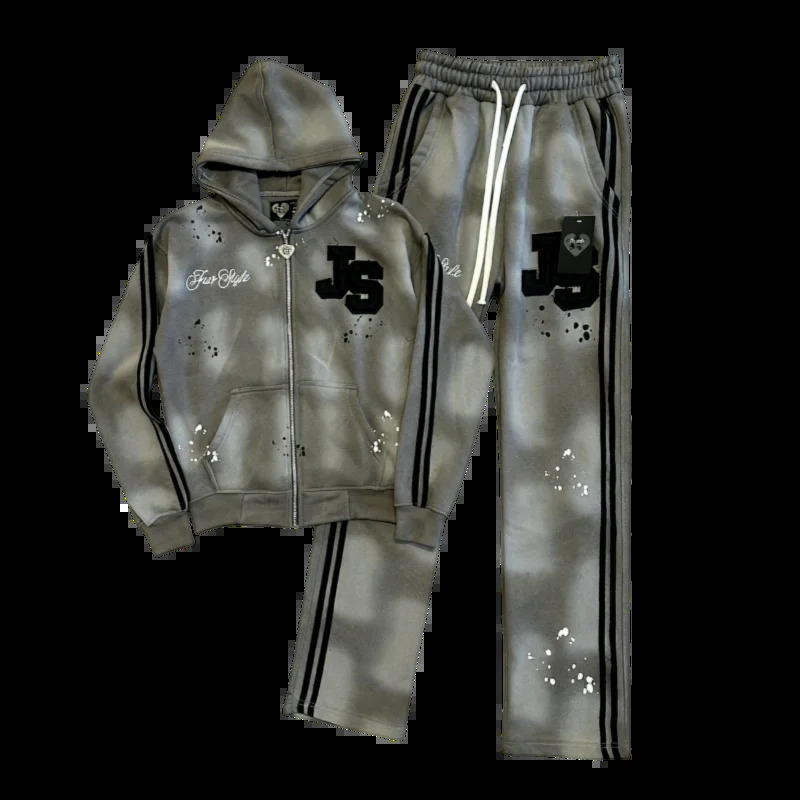 Trendy Mens Tan Brown Zipper Tracksuit Hip Hop Streetwear Set with Stripes White Dots and JS Patch Embroidery Jogger Outfit 251027