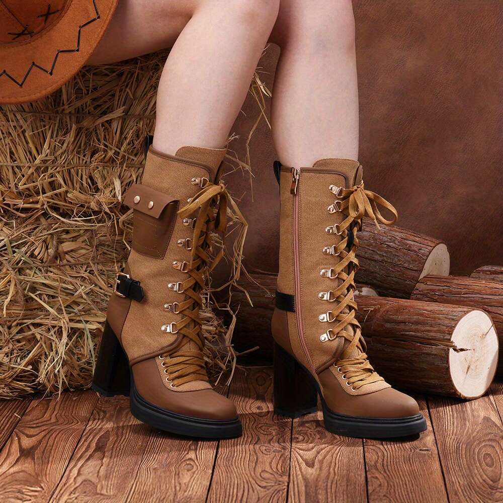 Women's Platform Ankle Boots - Chunky High Heel, Front Lace-Up Design With Side Pocket Decoration And -Fabric Combo