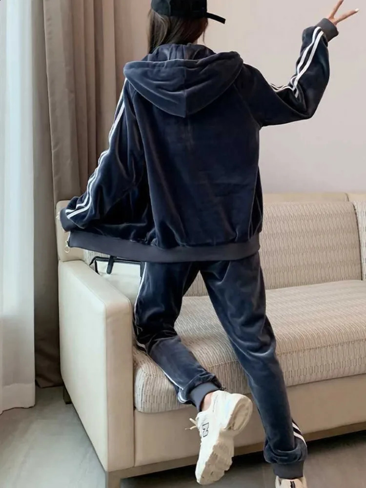 Winter Women Thick Warm Fleece Liner Sport Tracksuit Side Striped Hooded Jacket Outdoor Running Set Velvet Jogging Training Sets 251027