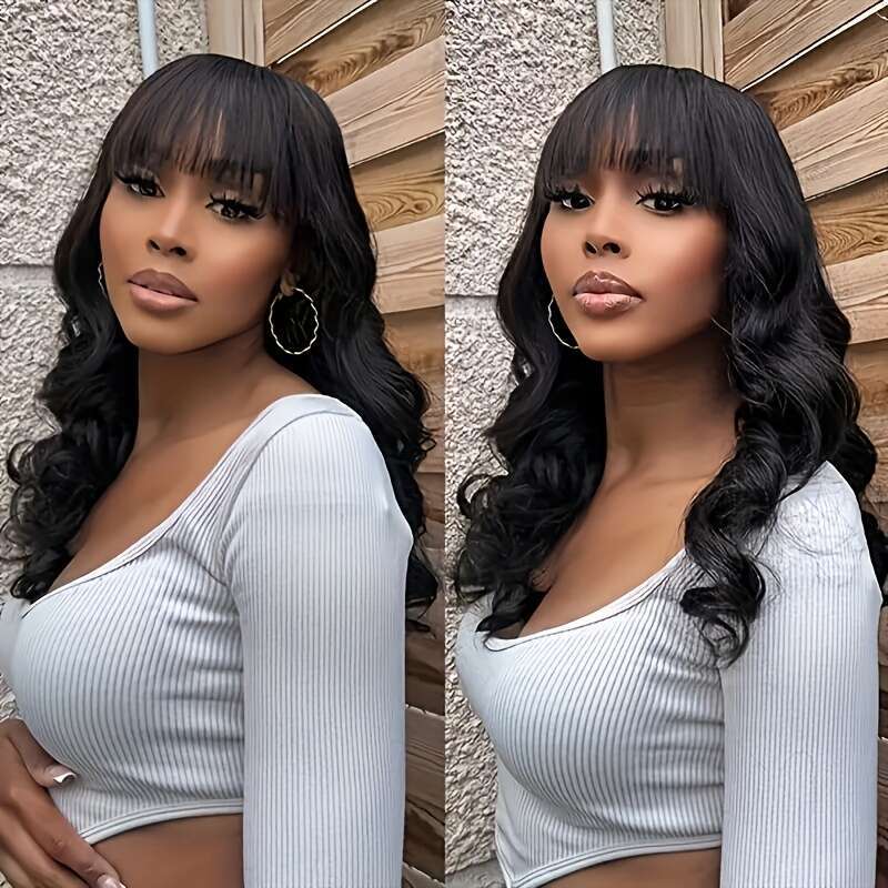 Glueless Shor Bob Wig Wih Bangs, Body Wave Human Brazilian Unprocessed Virgin Hair, Naural Color Non-Lace Fron -New Year, Birhday &Valenine&Apos;S Day