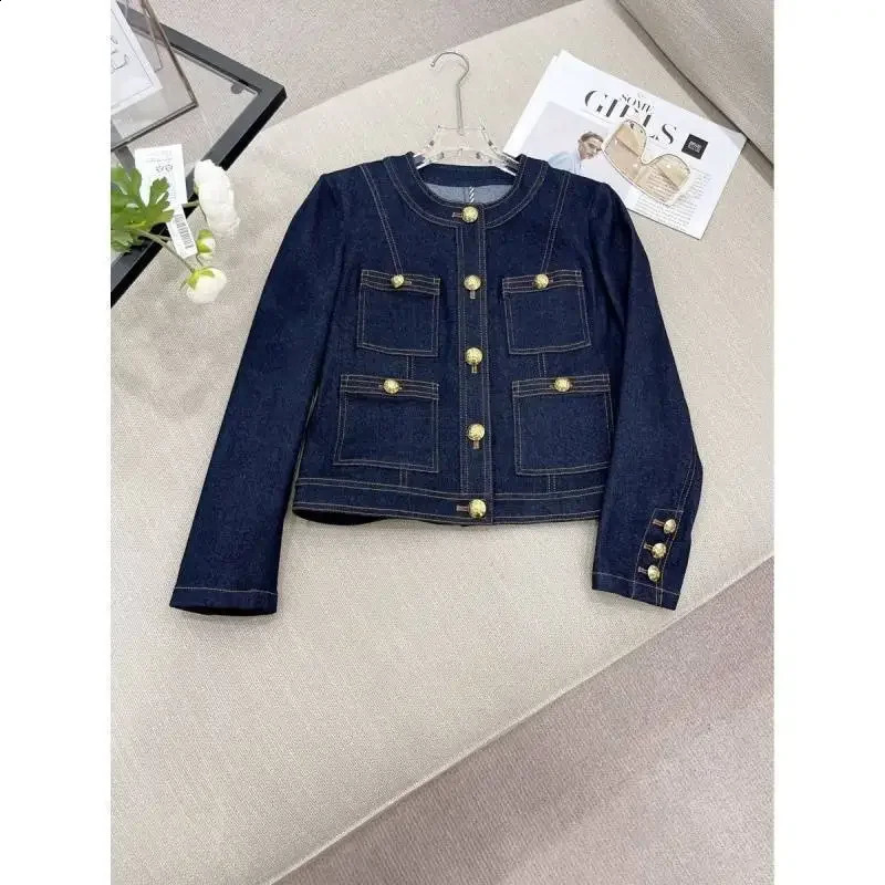 Retro round Neck Short Denim Jacket Womens Spring Style French Contrast Color Stitching Cotton Casual Top 251015