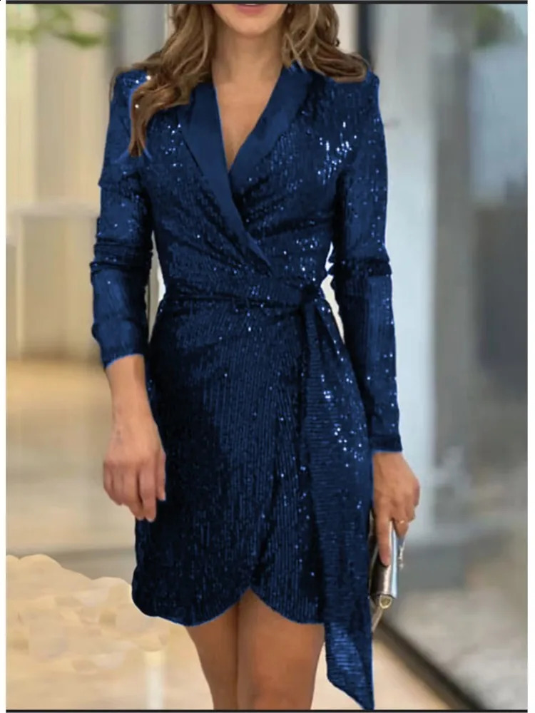 Autumn Winter Solid Color Sequin Blazer Collar For Womens Lace Up Dresses Simple Fashion Slim Elegant Female Party Dress 251020