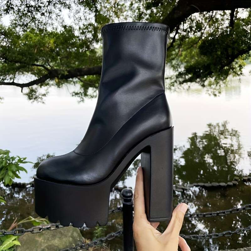 Women's Chunky Platform - Sexy Black Faux Cover Ankle With Elastic Side Zipper, Round Toe & All-Season Versatile Design For Parties, Casual Outin