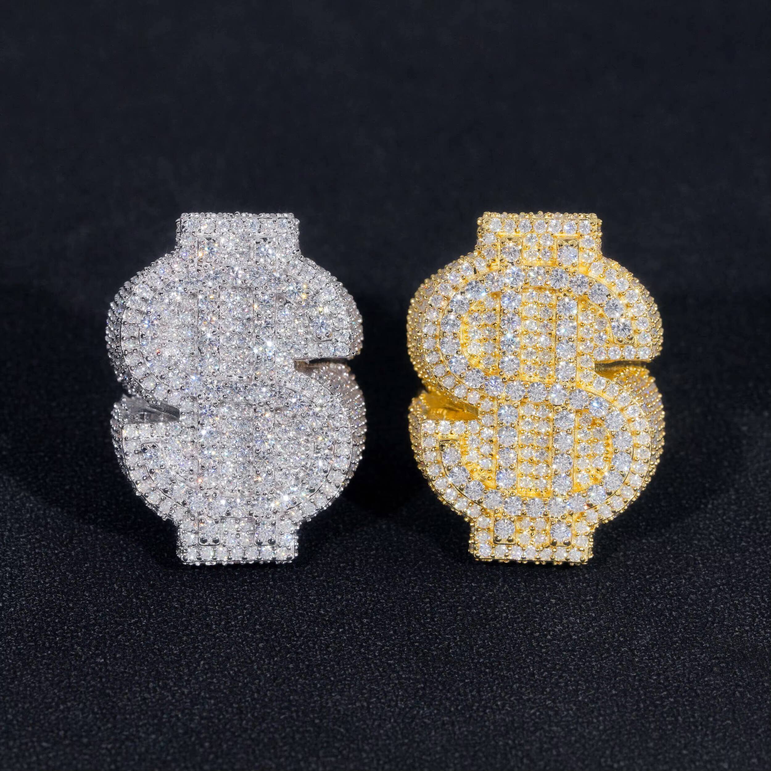 Hot Selling GRA Certificate High Quality 925 Silver Gold Plated Fine Jewelry Iced Out Hip Hop Ring Moissanite Dollar Ring