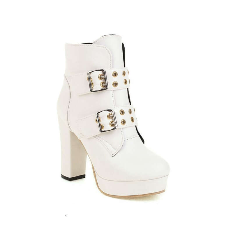 Women's Ultra High Block Heel Winter With Golden-Tone Metal Buckles Round Toe PU Upper, Thick Warm & Non-Slip Rubber Sole - Brown/Black Short Boo