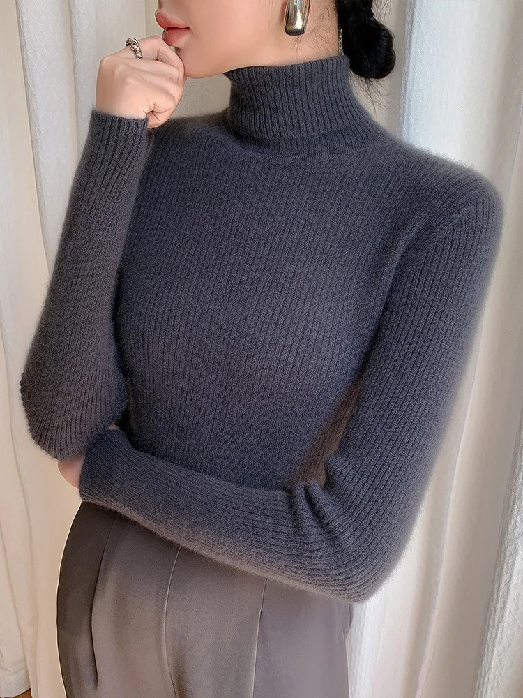 Womens High Neck Knitted Sweater Korean Version Slim Long Sleeve Solid Simple Basic Style Knit Pullover Top Autumn 251027