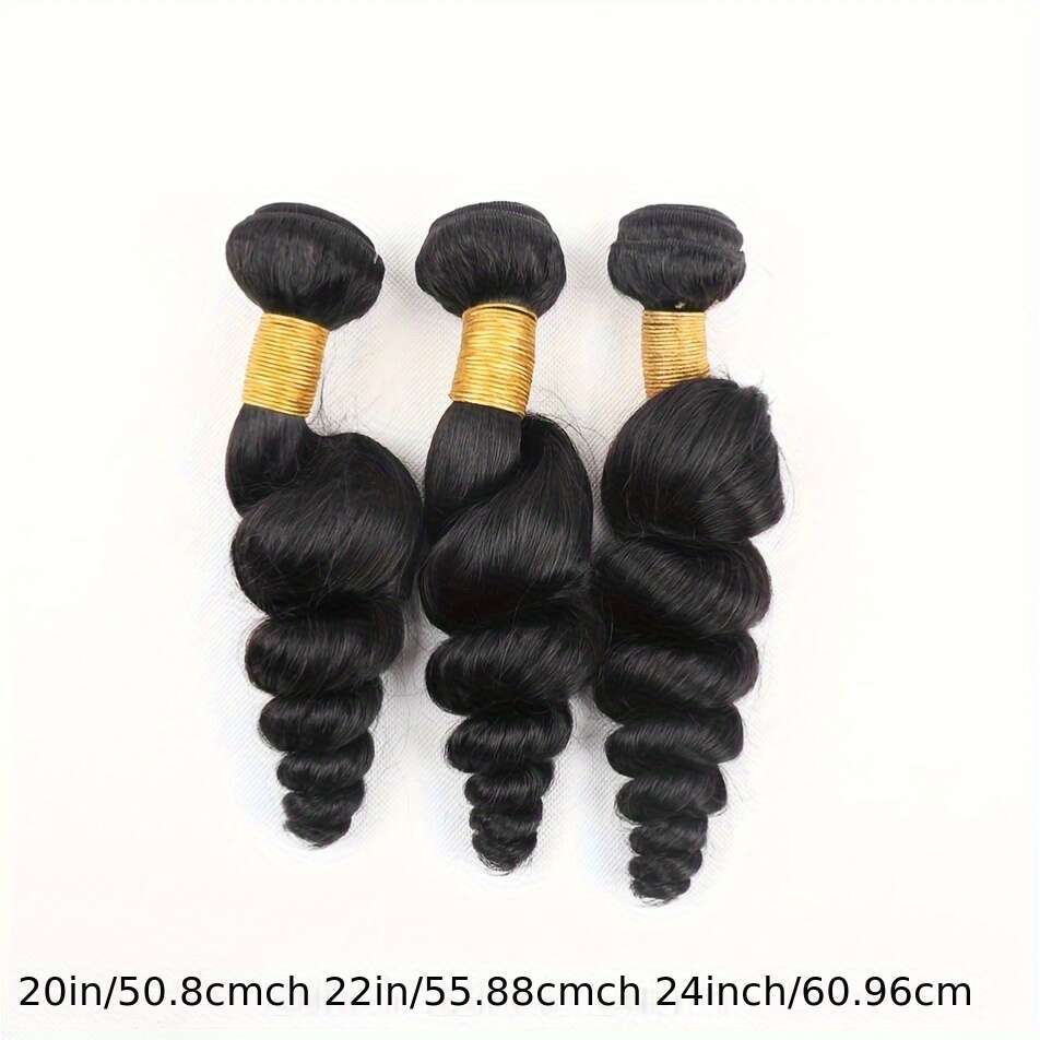3 Bundles Brazilian Virgin - Natural Black Weave Women, Long Loose Wave Curly With & Length, Natural-Looking Hairline, High-Quality Lace Closure
