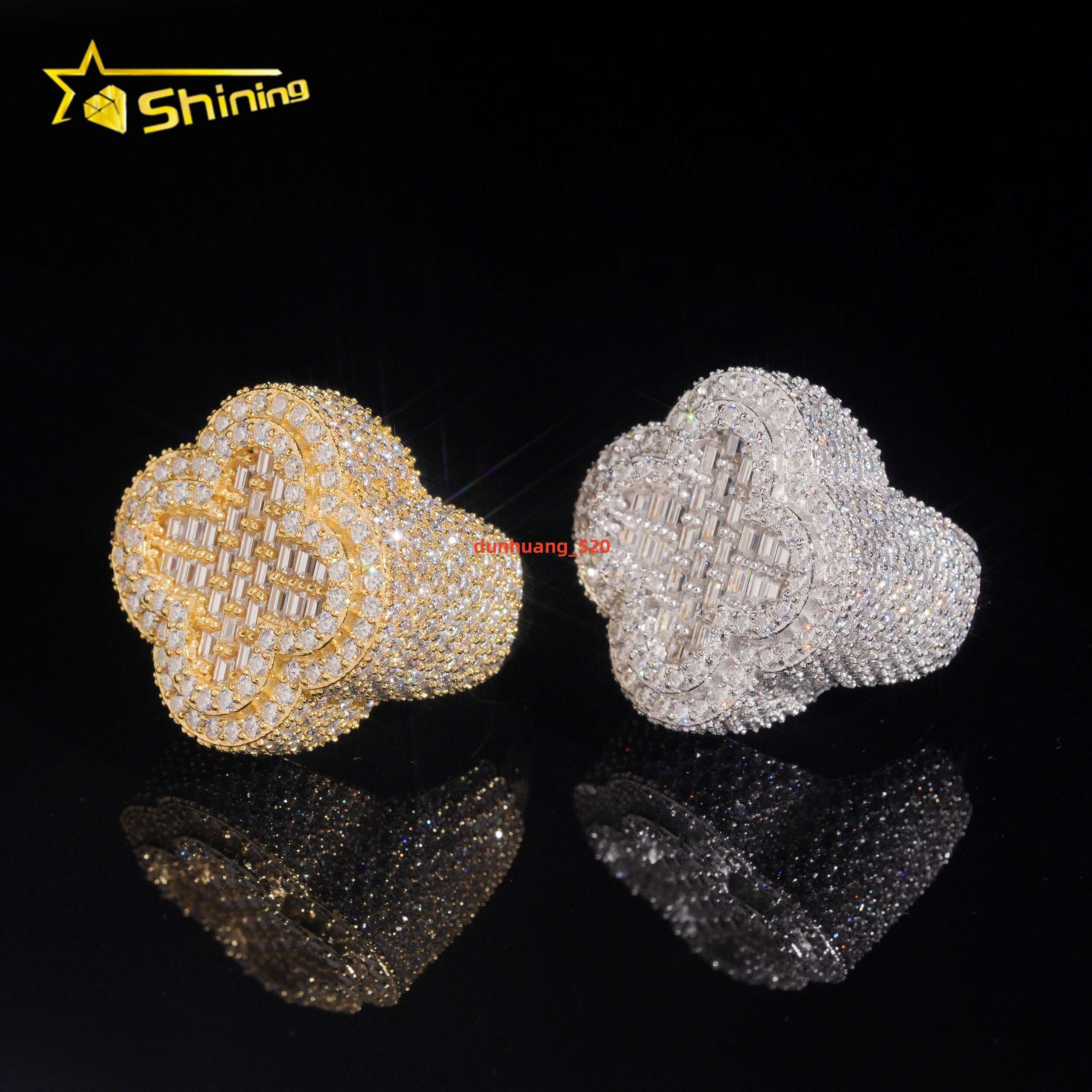 Iced Out Flower Ring GRA Moissanite Pass Diamond Test 925 Sterling Silver Gold Plated Moissanite Hip Hop Rings