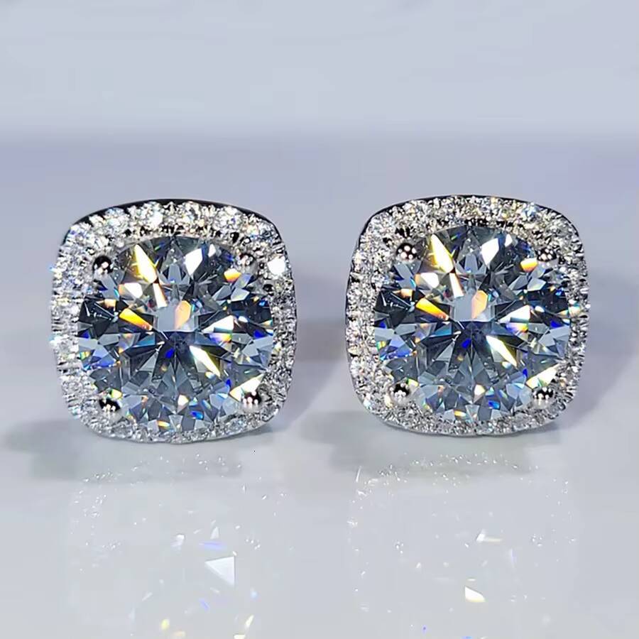Luxury Design Micro Pave Setting Lab Diamond Sterling Silver White Gold Plated Solitaire Earring Stud Moissanite Earring Studs
