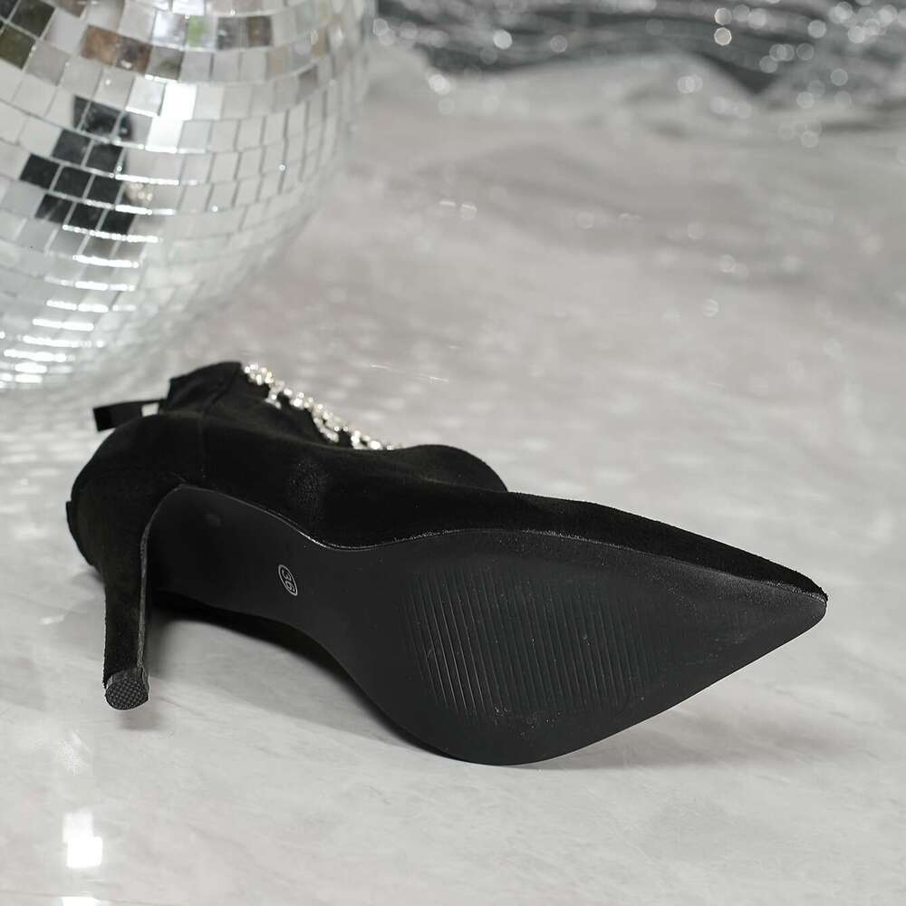 923-89 Zipper Chain Decorative Pointed Toe 4.33Inch Sexy Slim Ultra-High Heel Fashion Ankle Boots Nude 35-42