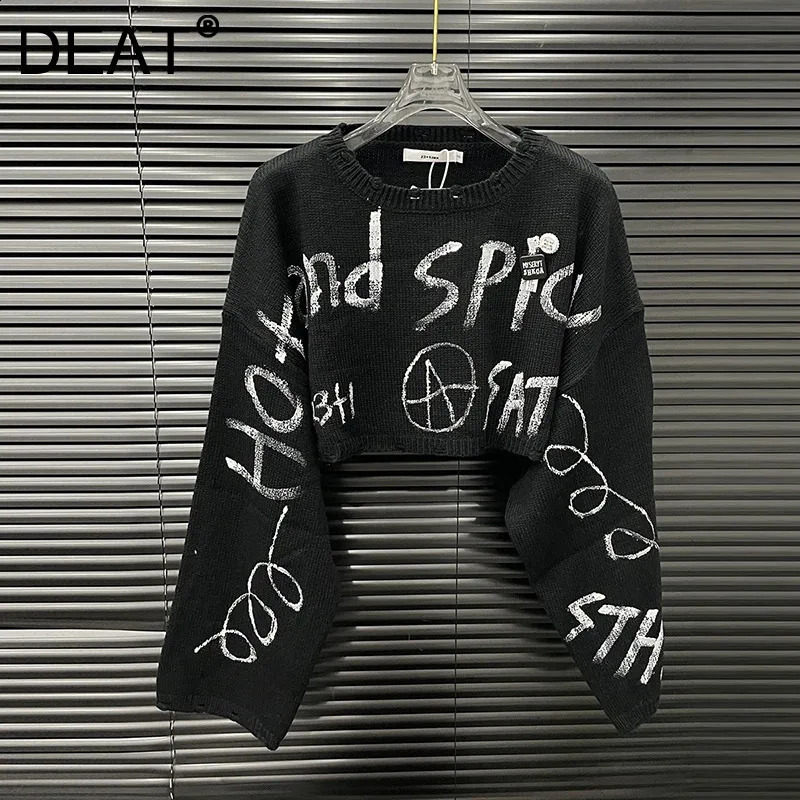 DEAT 2025 Autumn Fashion n Letter Printed Knit Sweater Top For Women Loose High Waist Oneck Pullover Female 11A05680 251027