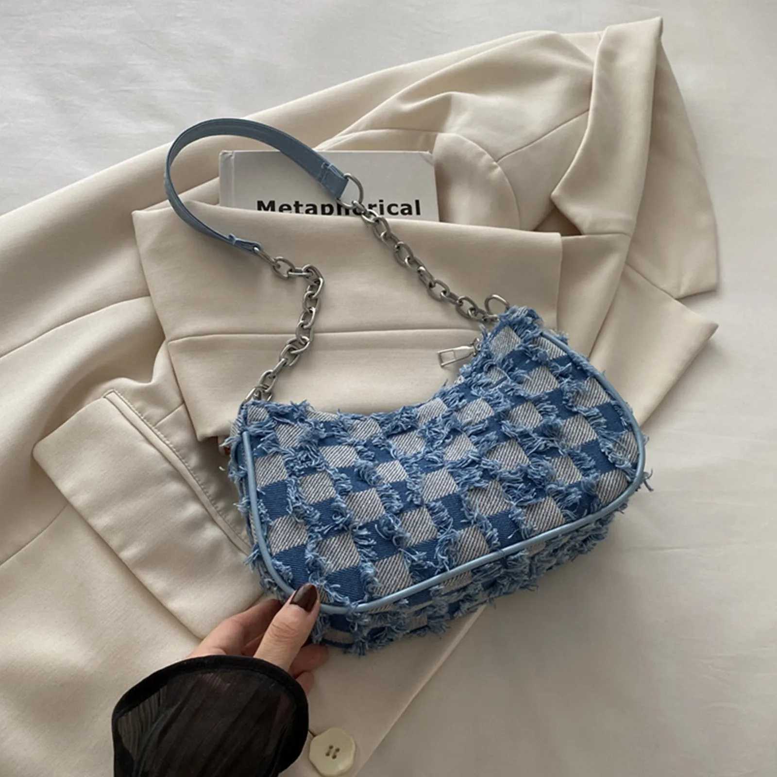 Wed Denim Casual Bag for Wen Shoder Bag Checkered Tassel Trim Underarm Purse Lady Blue Canvas Simple Shoder Bag1 D251028