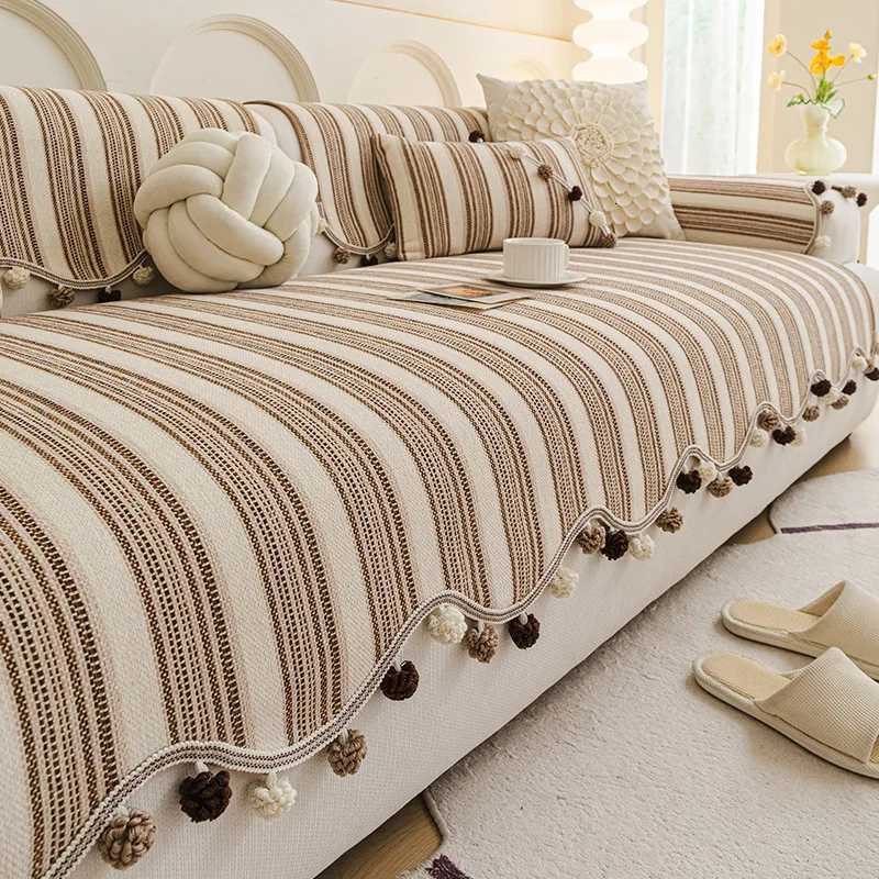 Stripe Chenier Sofa Cushion with Fur Balls Irregular AntiSlip Sofa Cover for Living Room Cozy WearResistant Couch Slipcover C251028