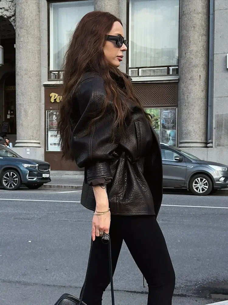 Drawstring Waist Brown Textured PU Leather Jacket Women High Neck Asymmetric Zip Button Detail Oversized Full Streetwear 251020