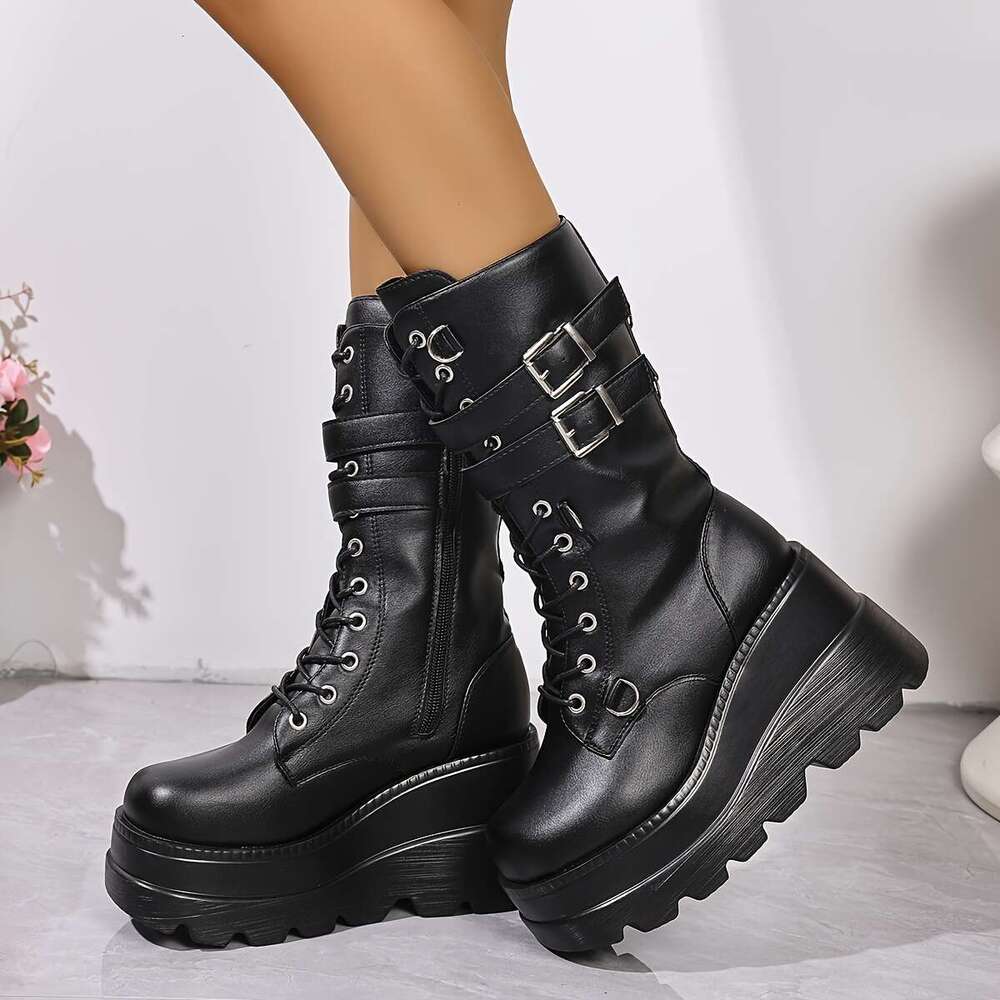 Women's Combat Riding Platform Knee High Boots, Lace Up Fall Lug Sole Gothic Motorcycle Boots With Inside Zipper