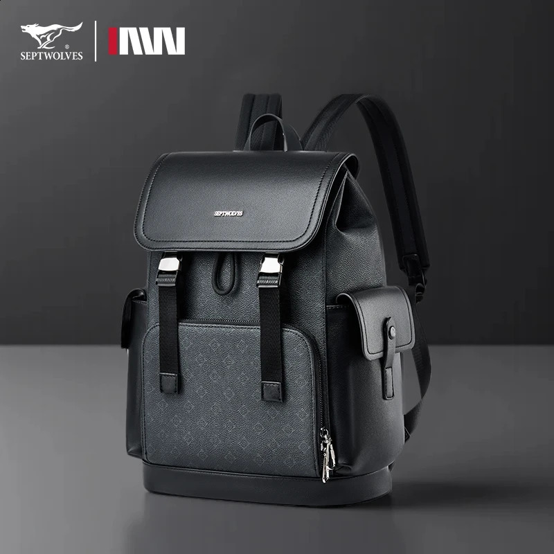 Septwolves Stylish Man Printed Leather Travel Backpack High Qualit Business Work Commuting Flip Print Monogram Laptop 251018