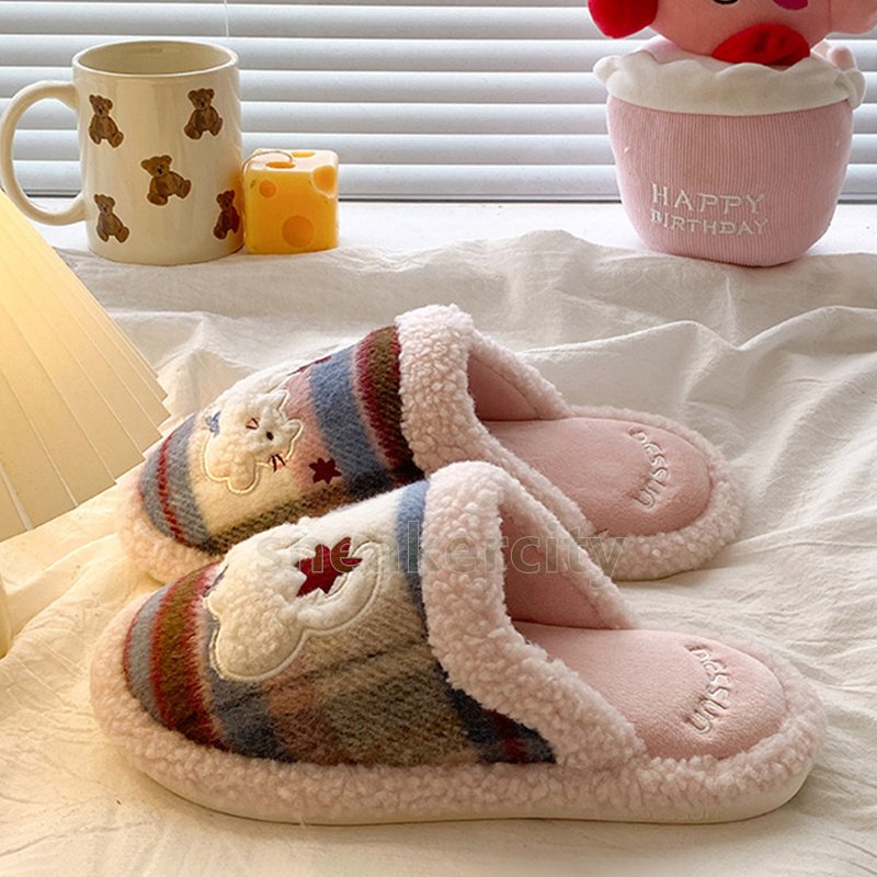 designer slides cozy warm cotton slippers stylish ladies winter indoor outdoor fuzzy cartoon slippers soft faux fur flats home shoes size 36-41