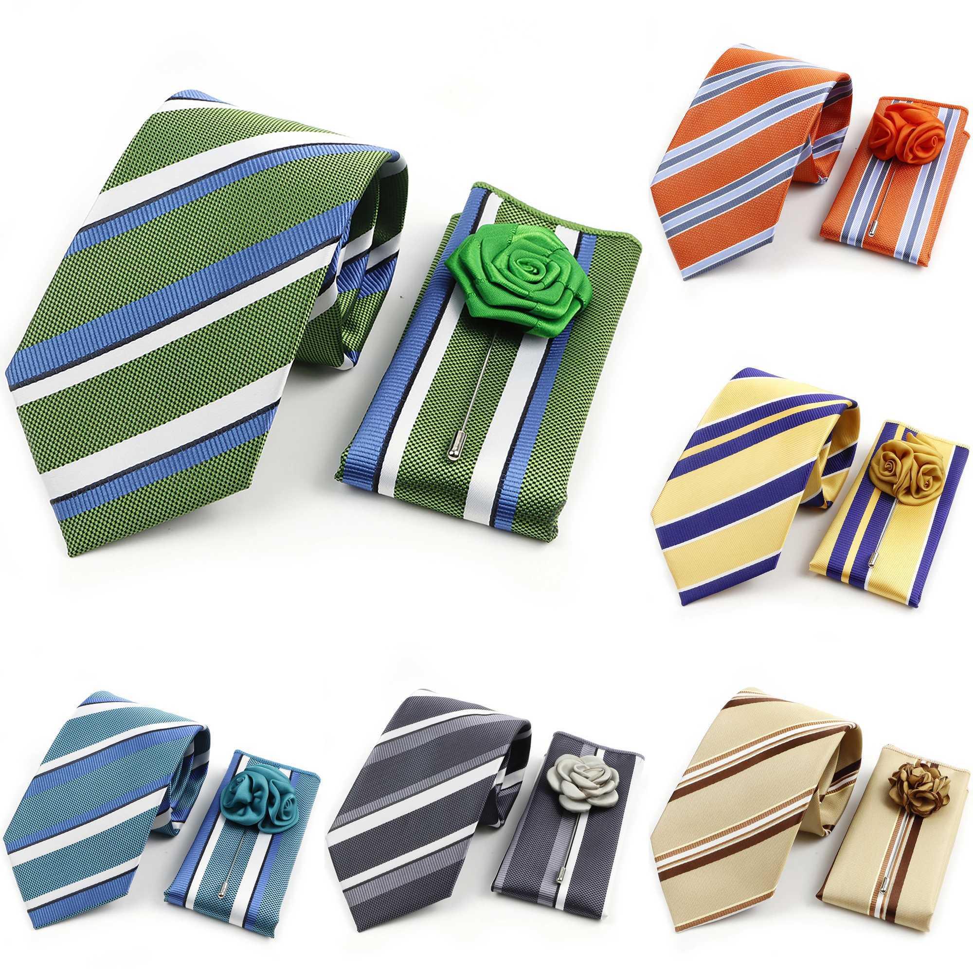 Mens Fashion Striped Tie Hanky Set Floral Brooch Sage Green Red Necktie Set For Men Business Wedding Party Groom Accessory GiftW251028