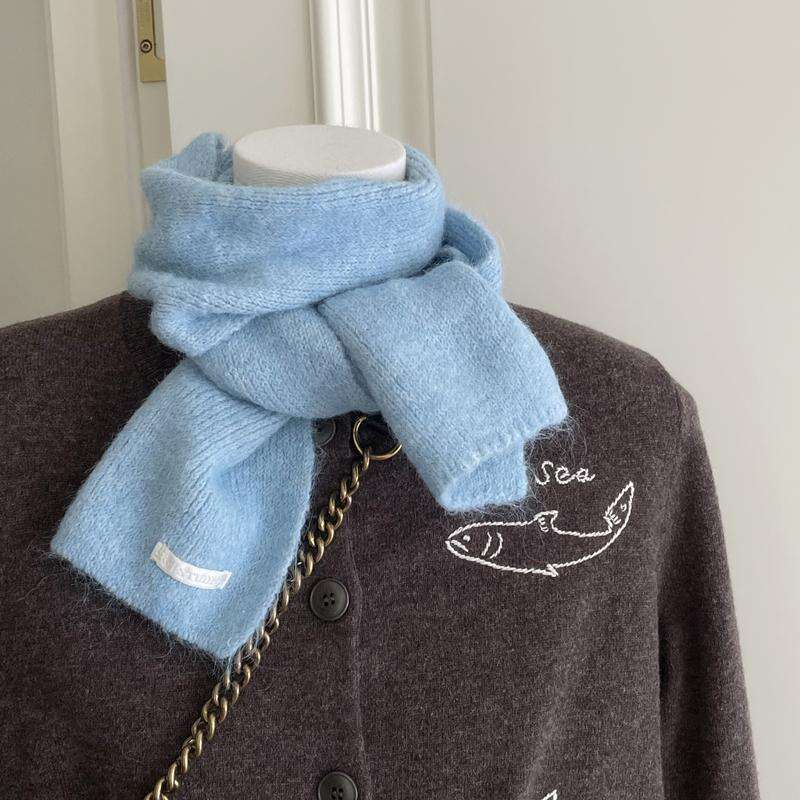 Milky White Mini Solid Color Korean Student Whitening Autumn Winter Warm Scarf Women's Blue