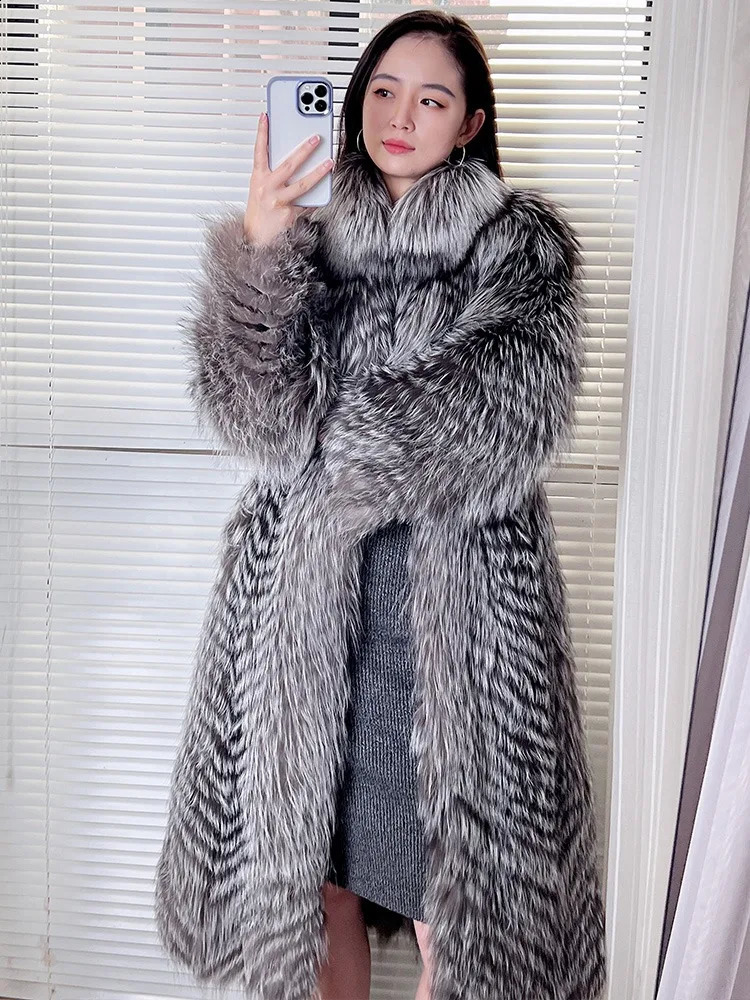 Womens Genuine Sivler Fox Fur Coat Thick Warm Fur Jacket Winter coat 251027