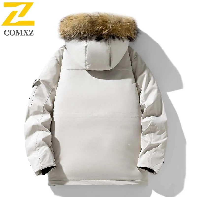 COMXZ Winter Down Jacket Men Women Highquality Camo Fluffy Fur Collar White Duck Down Parka Coat Casual Thermal Puffer Jacket 251023