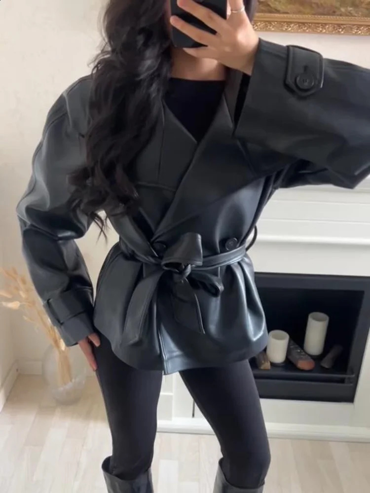 Street Womens Cropped Leather Jackets With Belt Lapel Double Breasted Pockets Long Sleeve Coat 2025 Autumn Lady Vintage Outwear 251027