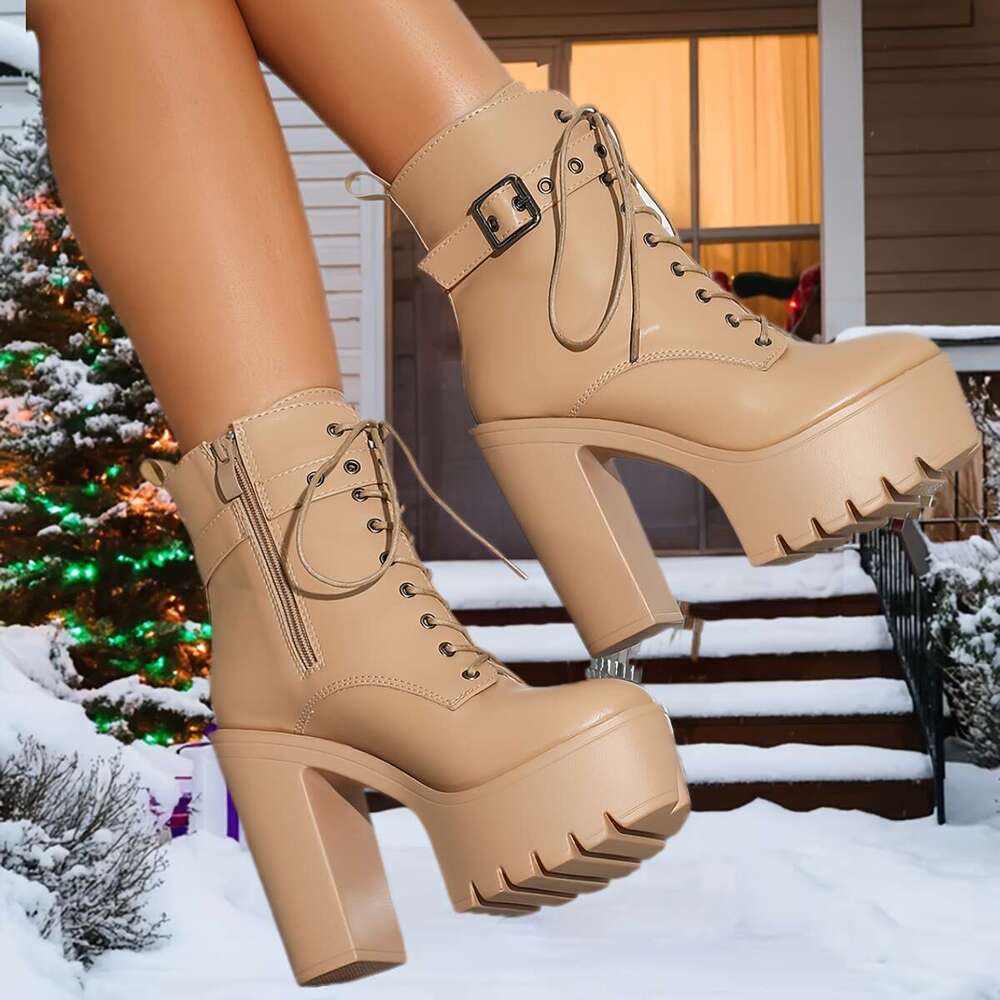 Women's Chunky Thick Platform Heels Beige, Side Zipper Adjustable Strap Closure, Faux Cover Upper All-Season Party, Work, Everyday Boots Cushione