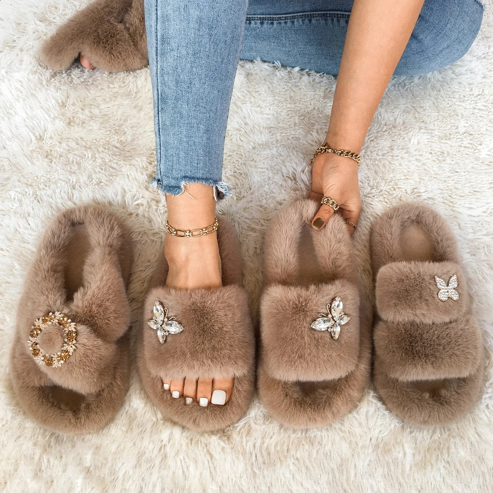 Women Fluffy Slippers Fur Slides Crystal Butterfly Faux Fur Sandals Glitter Rhinestone Platform Slippers Female Shoes 251023