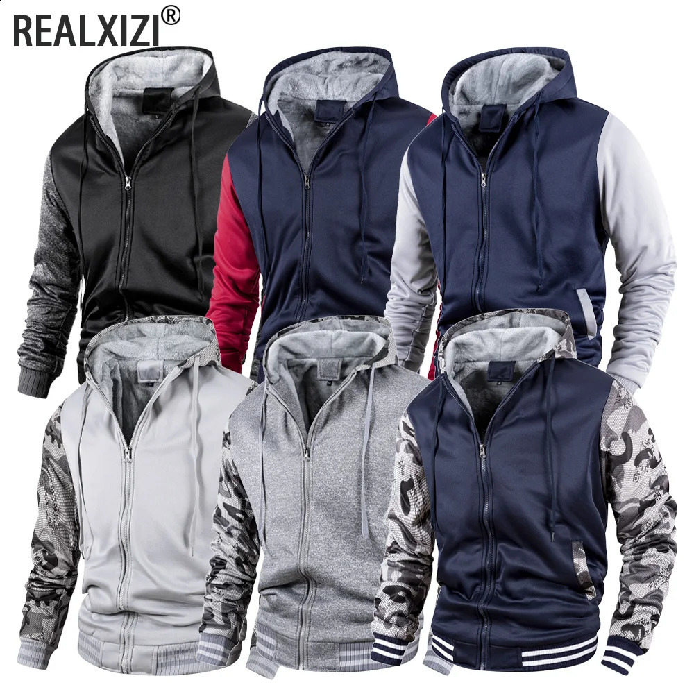 Men ColorSplicing Jacket Winter Warm Fleece Hoodies Outdoor Sports Windproof Baseball Uniform Male Fashion Zipper Thicken Coats 251020