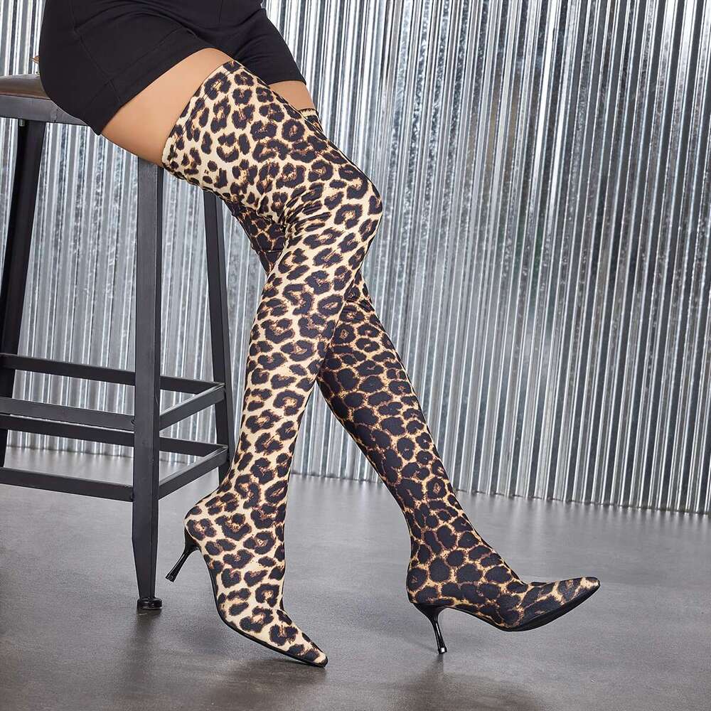 Cc339-4 European American Leopard Print Long Boots With Pointed Toe And Elastic High Heels For Women