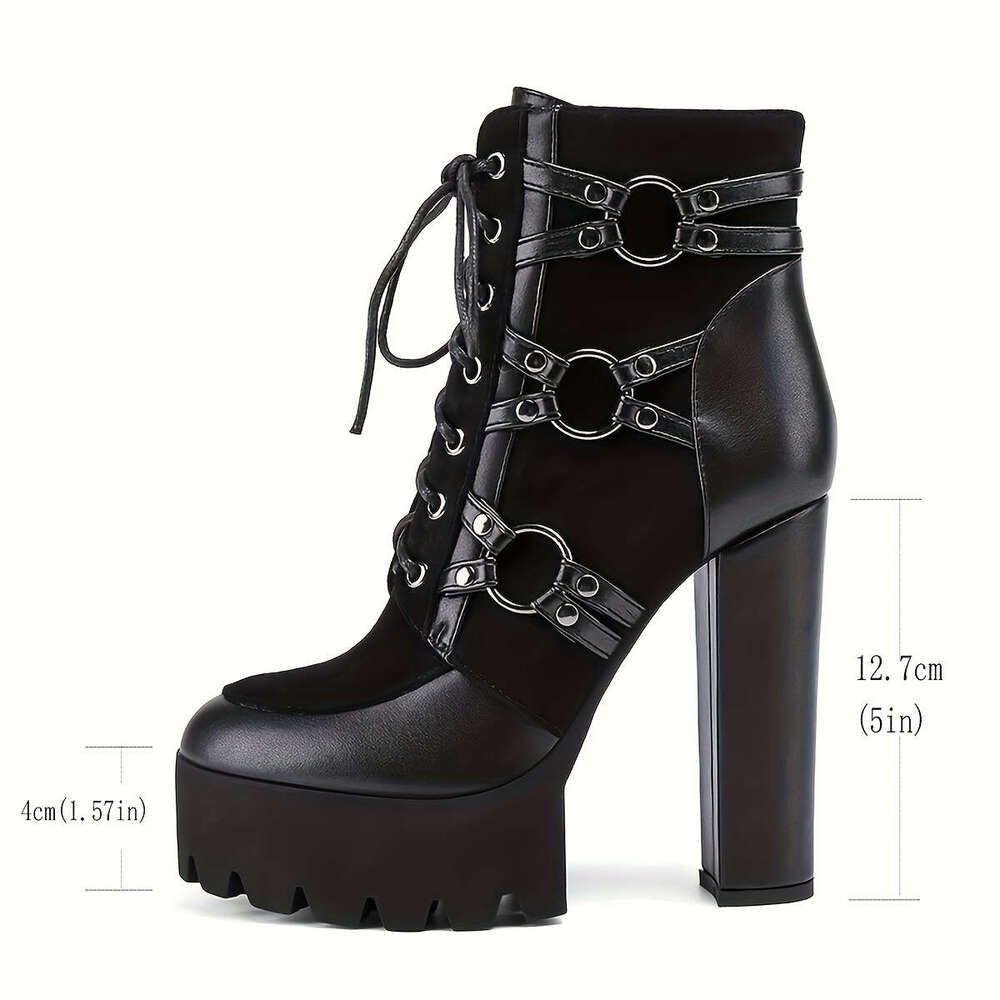Women's Black Platform Ankle With Chunky Heel, High Quality Buckle Straps & Side Zipper - Stylish Winter Short Boots For Casual Attire, Durable R