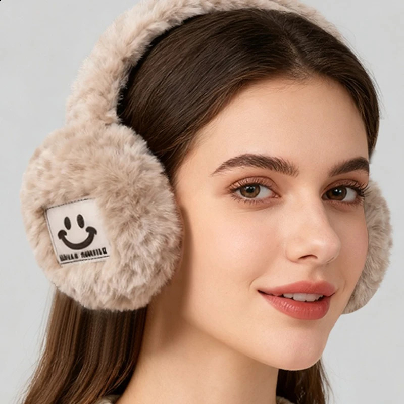 Winter Out Womens Soft Cold Wind Cartoon Smiley Face Warm Ear Muffs Milan Mink Velvet Girls Versatile Plush Ear Muffs Foldable 251027