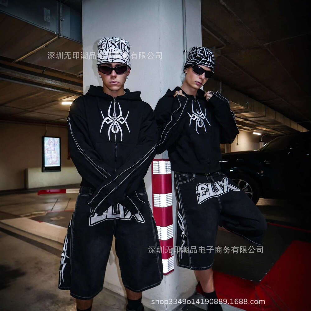 Y2K Winter Dark Street Style Spider Print Pattern Matching Cuff Chain Fashion Sweatshirt