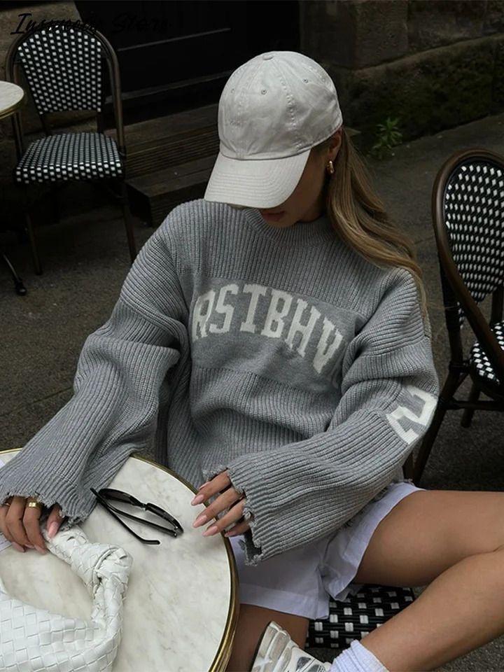 Fashion Letter Jacquard Knit Pullover Women Oversize Long Sleeve Oneck Classic Sweater 2025 Autumn Lady Casual Outerwear 251027