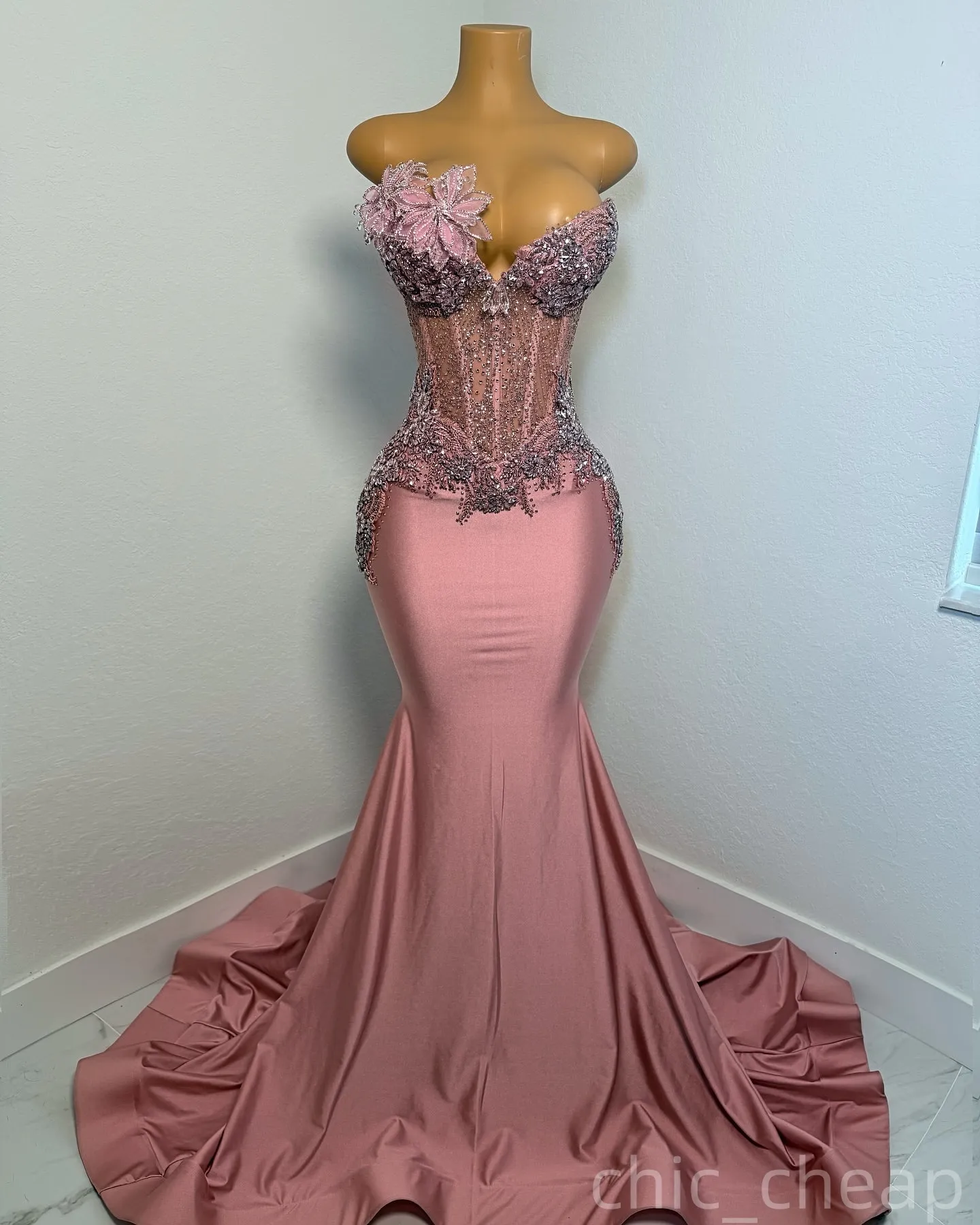 Blush Pink Mermaid Plus Size Prom Dresses 2025 Crystals Florals Satin Evening Formal Party Second Birthday Engagement Gowns Dress For Special Occasion
