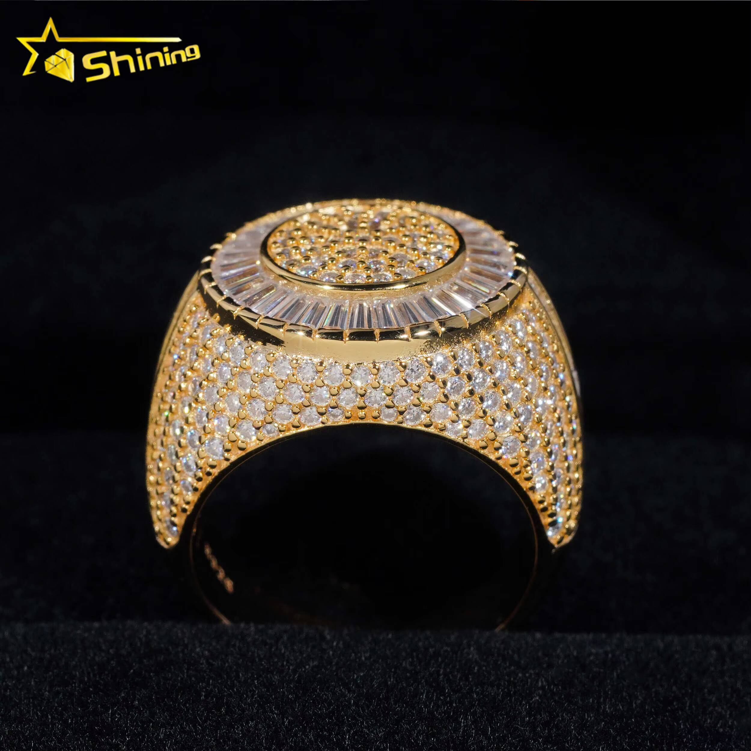 Ready to Ship New Arrival Iced Out Baguette Moissanite Diamond 925 Silver Gold Plated Hip Hop Rings for Men