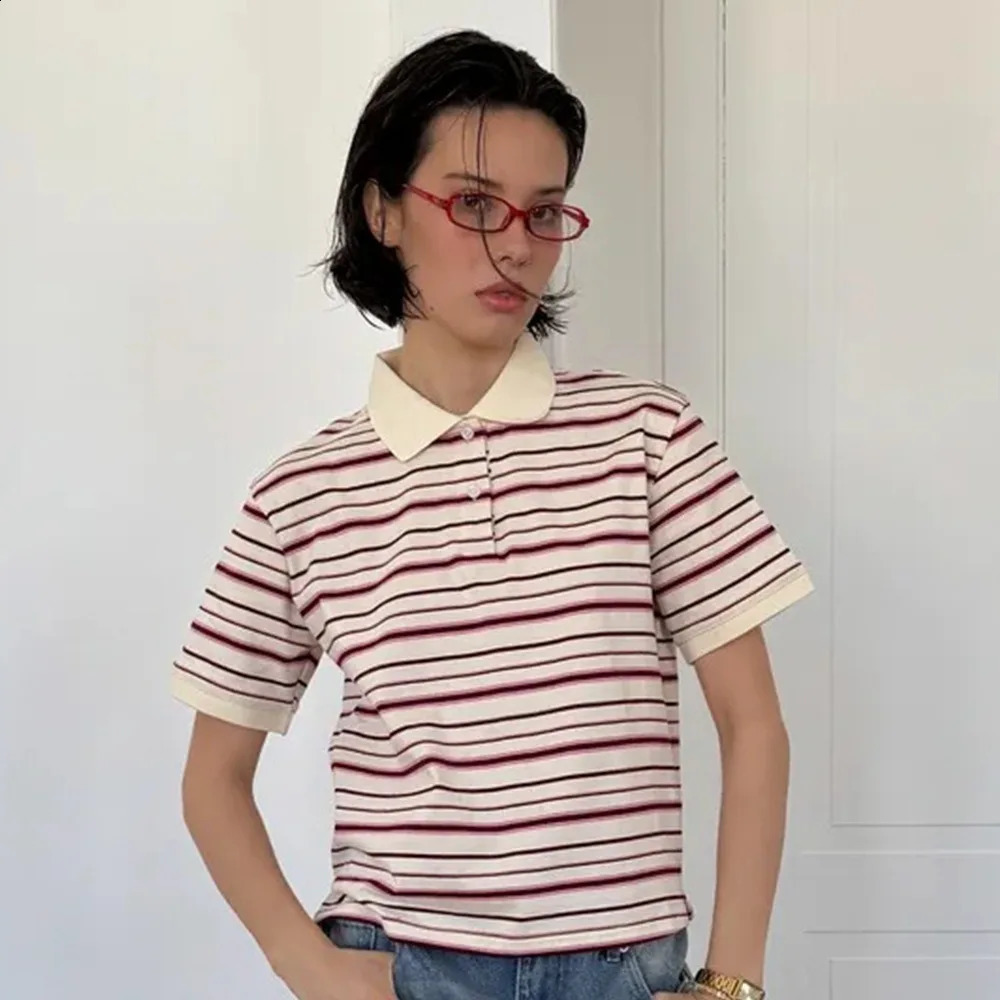 Retro Contrasting Striped Polo Shirt Spring and Summer Women Elegant College Style Casual Cotton Soft Short Sleeved Tshirt 251027