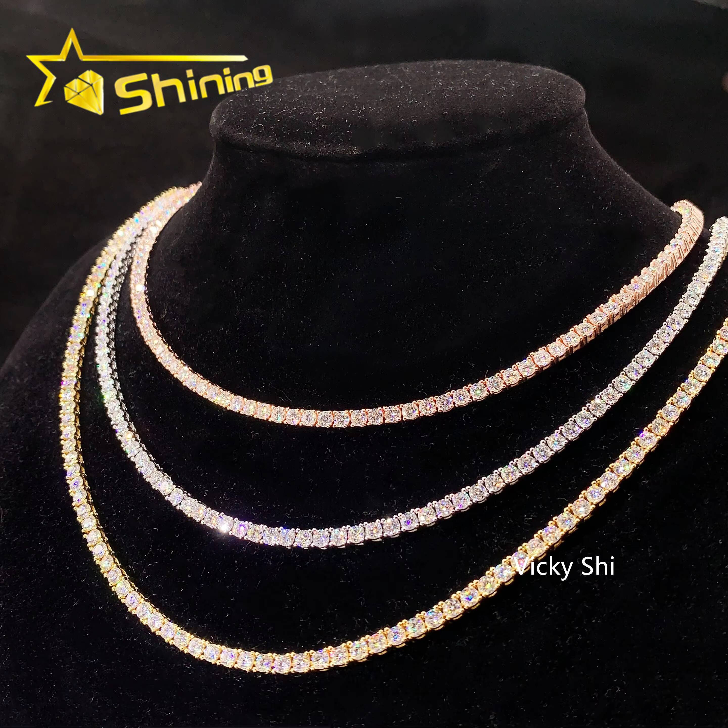 Fast Shipping Hip Hop Iced Out 3mm Moissanite Tennis Chain Men Women 925 Silver Moissanite Tennis Necklace GRA Certificated