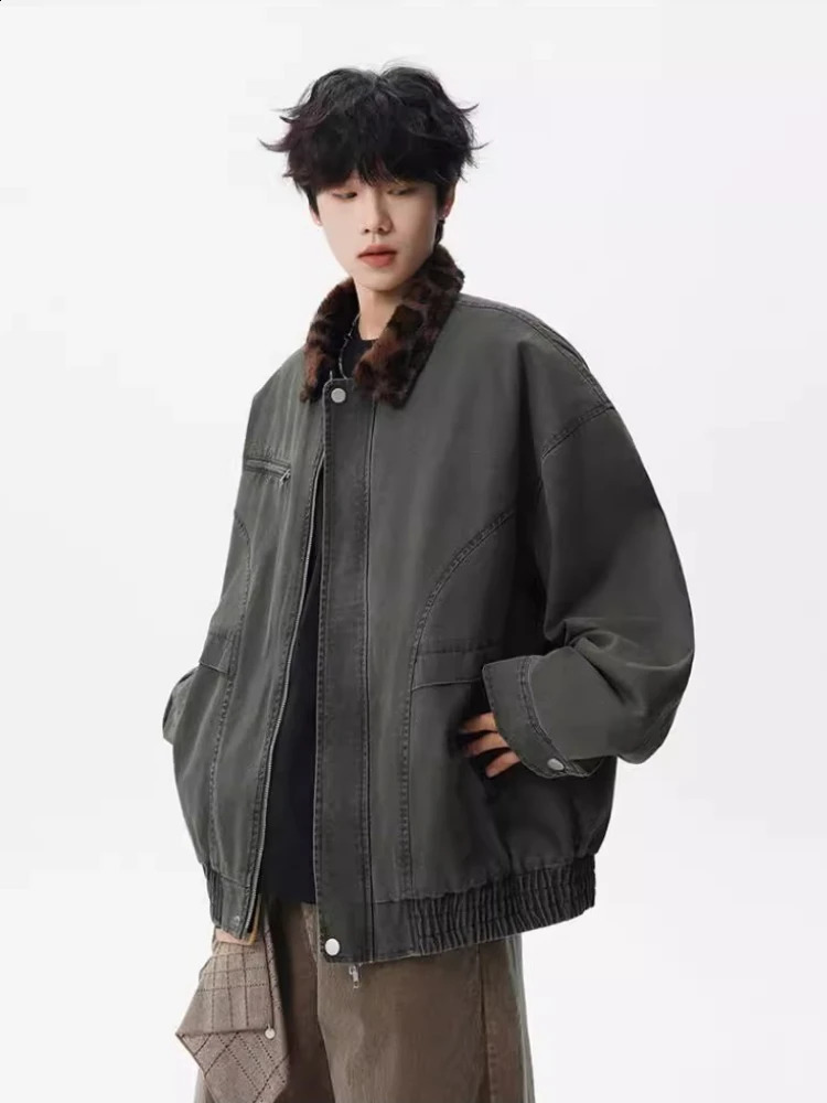 Leopard Collar Cargo Jacket Men American Vintage Washed Distressed Denim Coat Oversized Utility Street Edgy Fall Outwear 251017