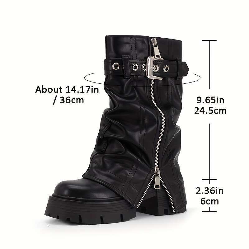 GOGD Women's European/American Style Fold Mid Calf Boots, Black, Round Toe, Platform Heel, Zipper, Chunky, Hand Washable, Solid Color, Short, Pul