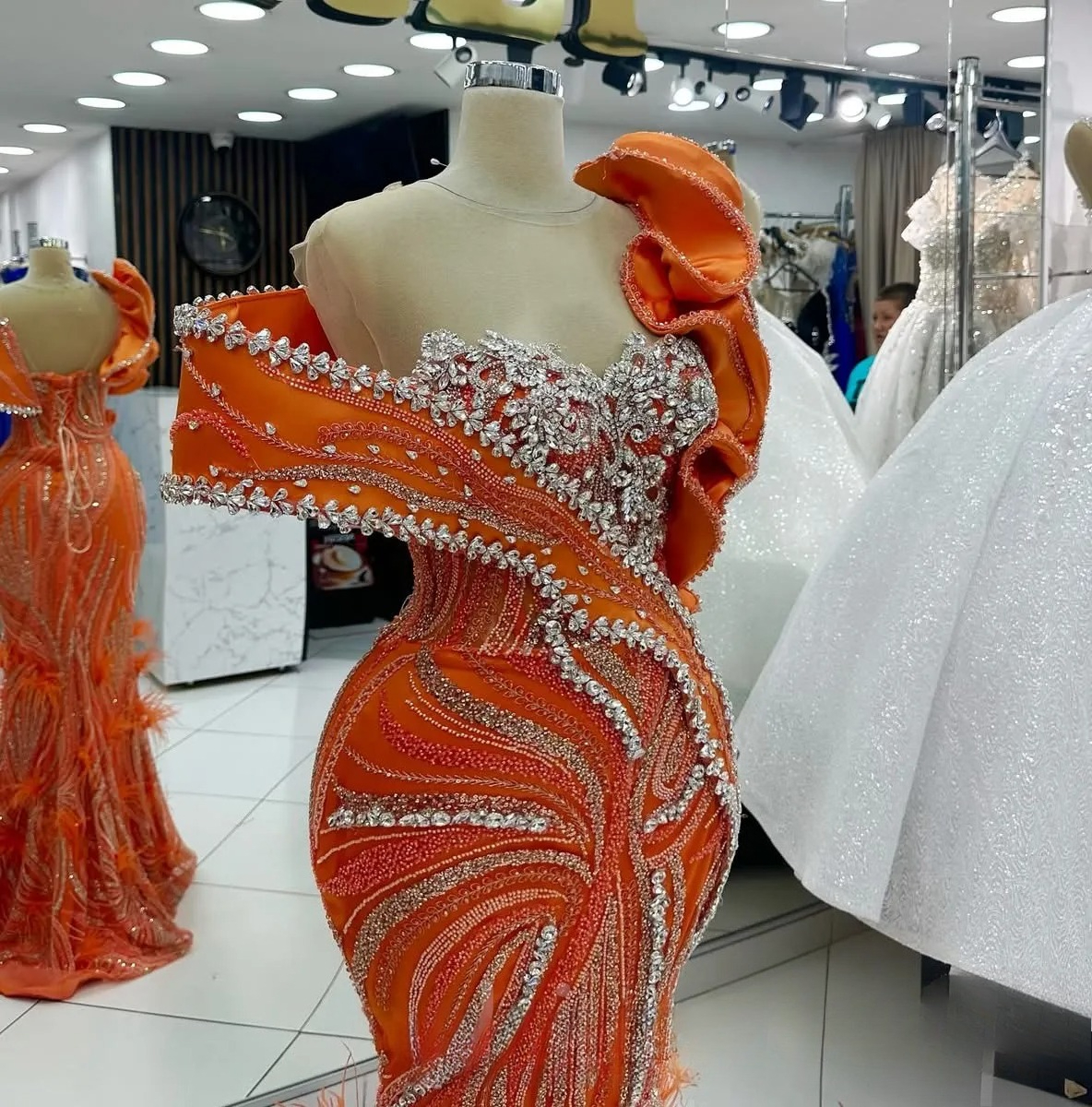Aso Ebi 2026 Orange Mermaid Prom Dresses Rhinestones Feather Sequined Lace Evening Formal Party Second Reception Birthday Gowns Dress For Special Occa