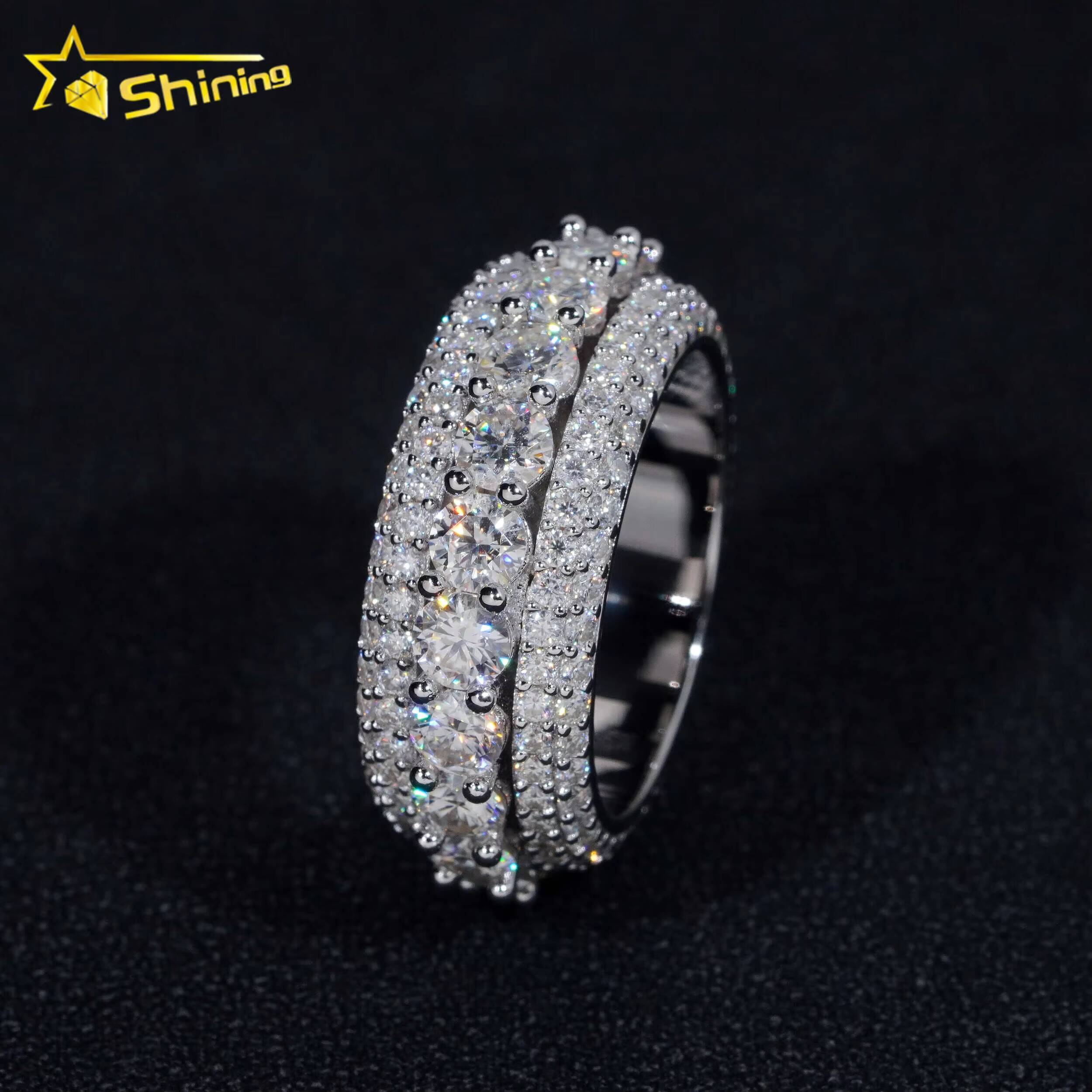 Luxury Rappers Jewelry Gold Plated Solid Inside 925 Sterling Silver Hip Hop Fully Iced Out Moissanite Band Ring