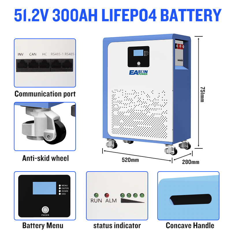 EASUN POWER 48V 300Ah 15Kwh LiFePO4 Battery Bluetooth 16S BMS Wheels 6000+ Cycle 51.2V Lithium Battery Pack for Home Solar System